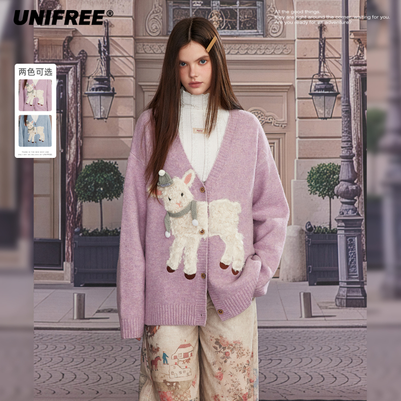 Unifree Lamb Patchwork Knitted Cardigan for Women, New Autumn Style, Loose Retro V-Neck, Thickened Warm Sweater Jacket Unifree Lamb Patchwork Knitted Cardigan for Women, New Autumn Style, Loose Retro V-Neck, Thickened Warm Sweater Jacket