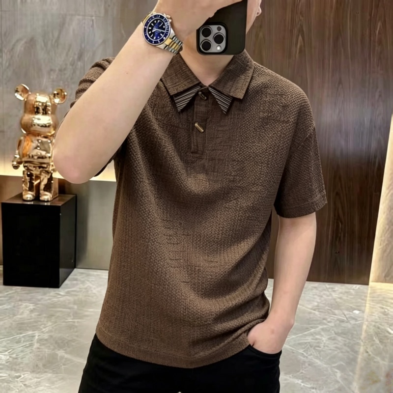 Old Money Style Drapey Brown Polo Shirt for Men, Short-Sleeve T-Shirt with a Business Flair, Executive Outfit with a Collar Old Money Style Drapey Brown Polo Shirt for Men, Short-Sleeve T-Shirt with a Business Flair, Executive Outfit with a Collar