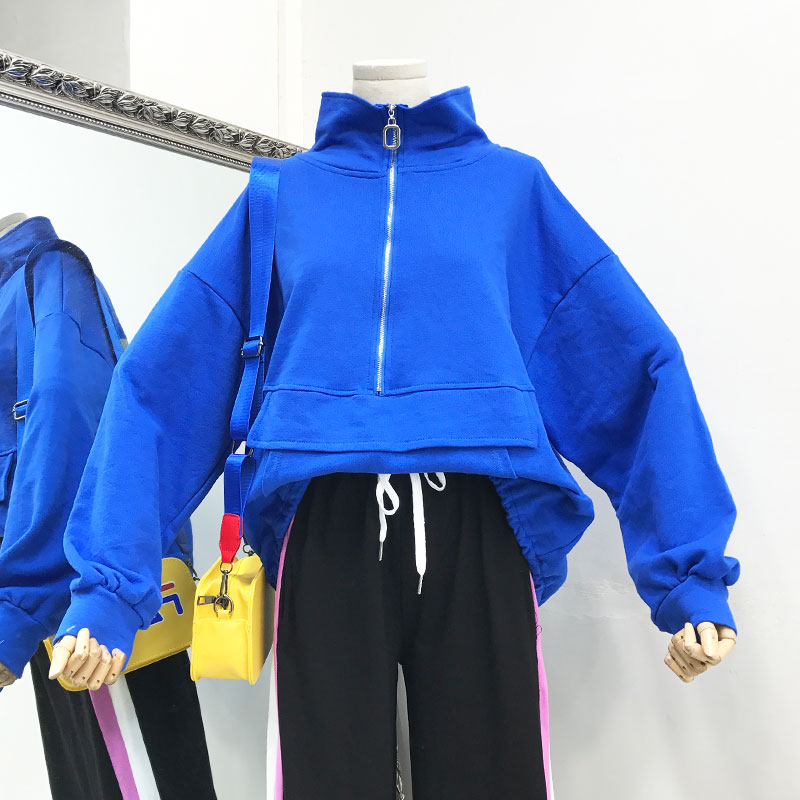 Harajuku retro áo len mỏng trùm đầu đại học gió mùa đông Phiên bản Hàn Quốc của cổ áo dây kéo lỏng lẻo áo cánh áo khoác thun nữ