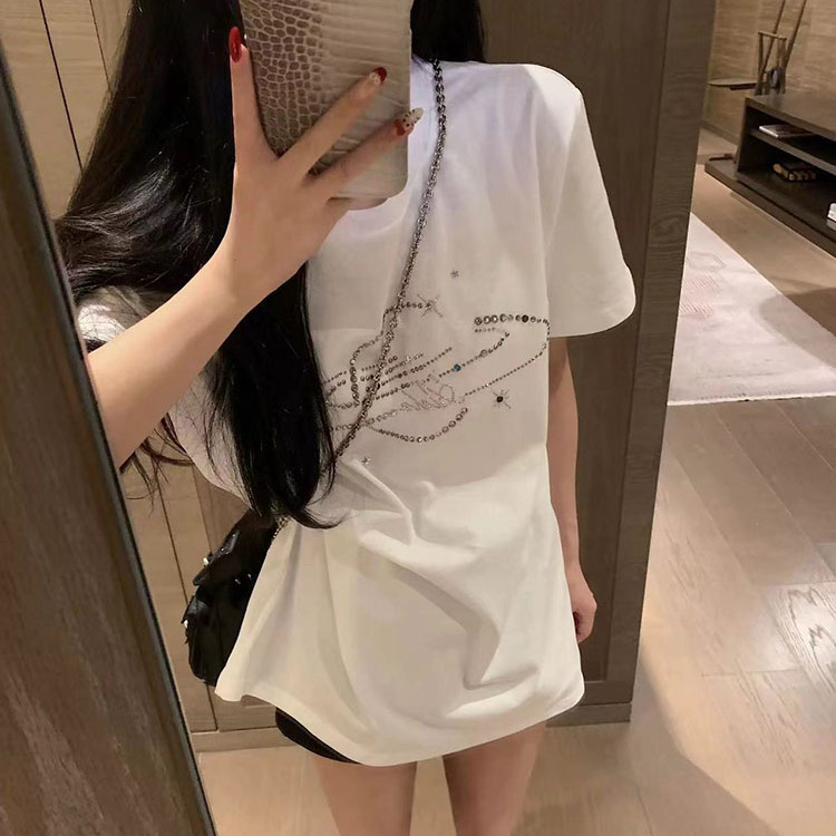 2026 Summer New Sparkling Earth Planet Hand-Stitched Rhinestone Short-Sleeve T-Shirt for Women, Loose Mid-Length Pure Cotton Top, Trendy 2026 Summer New Sparkling Earth Planet Hand-Stitched Rhinestone Short-Sleeve T-Shirt for Women, Loose Mid-Length Pure Cotton Top, Trendy