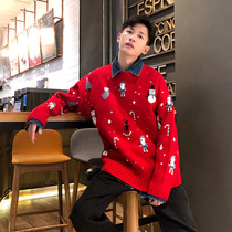 Christmas theme New Year red elk sweater Male ins Hong Kong trend loose Korean style trend couple sweater