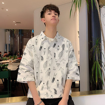 Summer Hong Kong style boys  shirt short-sleeved ruffian handsome Korean version of the trend mid-sleeve summer shirt mens handsome five-point sleeve half-sleeve