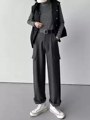 Overalls women's large size loose fat mm Spring and Autumn New Nine points high waist 200kg black straight pants children