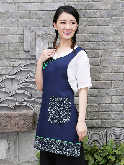 2023新款网红厨房复古民族风围裙中式风拼色坎肩式时尚工作服订制