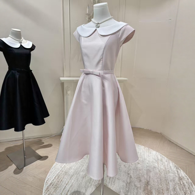 Summer New Style Sweet and Elegant Pink Doll Collar Dress for Women with Bow Tie, Waist-Cinching, Slimming, Mid-Length A-Line Skirt Summer New Style Sweet and Elegant Pink Doll Collar Dress for Women with Bow Tie, Waist-Cinching, Slimming, Mid-Length A-Line Skirt