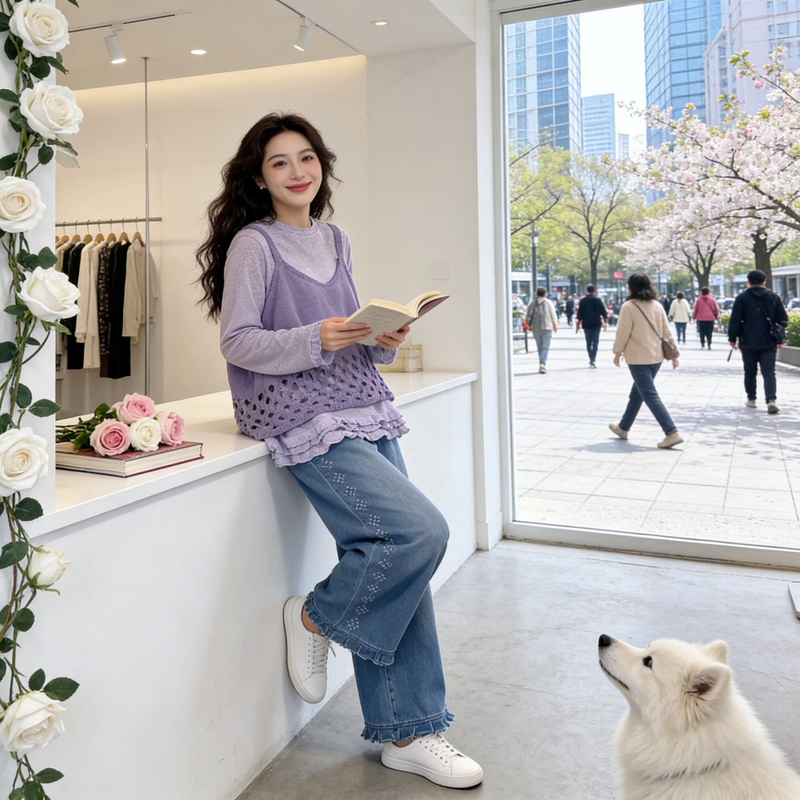 Spring and Autumn Retro Purple Hollow-Out Knitted Vest Camisole Sweater Women's Layered Base Shirt T-Shirt Two-Piece Set