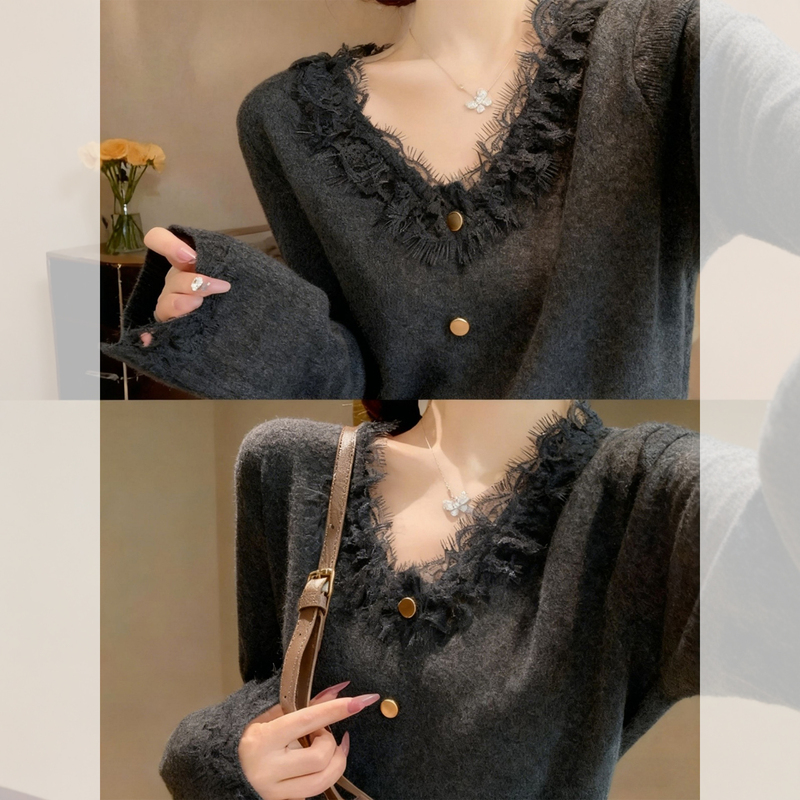 Dark Gray Lace Trim V-Neck Soft Knit Sweater for Women, 2026 Autumn and Winter Korean Style, Beautiful and Stunning Top
