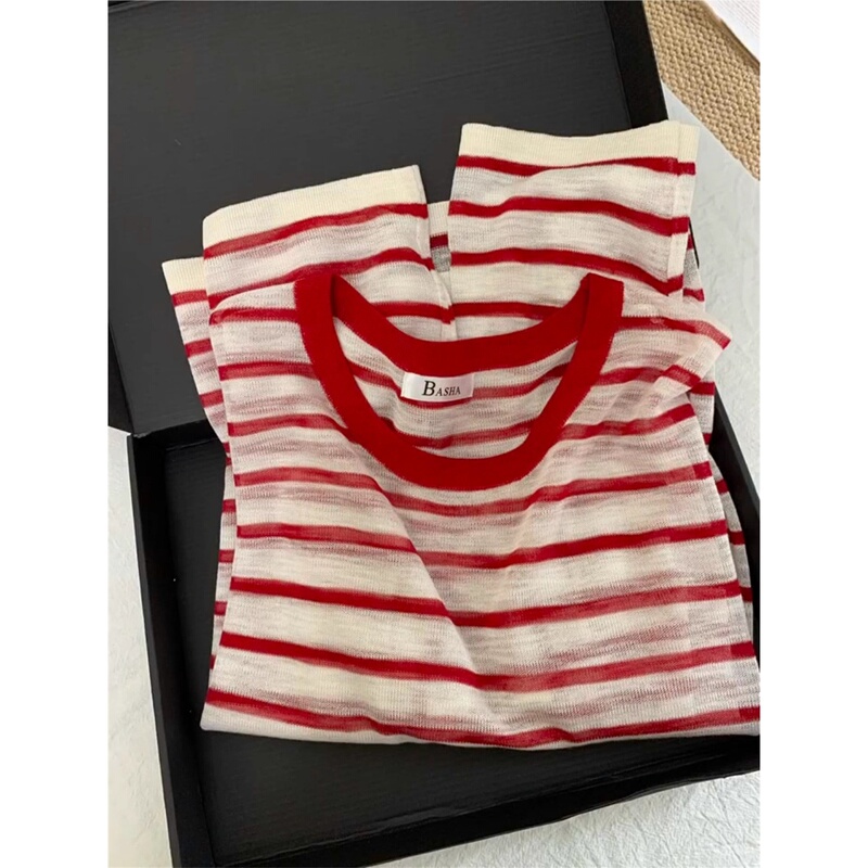 Super Nice-Looking Red Striped Ice Silk Knitted Long-Sleeved Sun Protection T-Shirt Blouse for Women, Early Spring Outer Wear, Loose Gauze Top