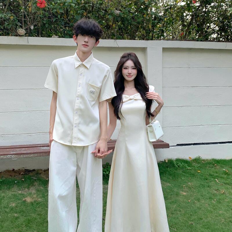 French-Style Couple Outfits, New Summer Clothing, Wedding Registration Photo Dress, Waist-Cinching Pure Desire Style Dress, Shirt, One Dress, One Shirt