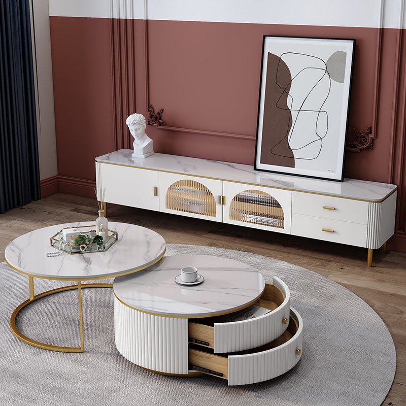 Bright Light Rock Plate TV Cabinet Tea Table Combination Modern Minima Living Room Home Nordic Small Family Marble Light Extravagant