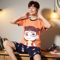 Mens cartoon pajamas summer cotton short sleeve set teenagers high school boys cotton loose home clothes