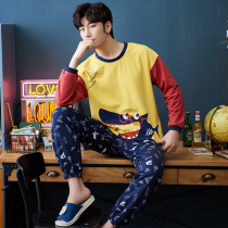 Mens pajamas long sleeve cotton youth spring and autumn thin cartoon animation casual cotton home clothing set