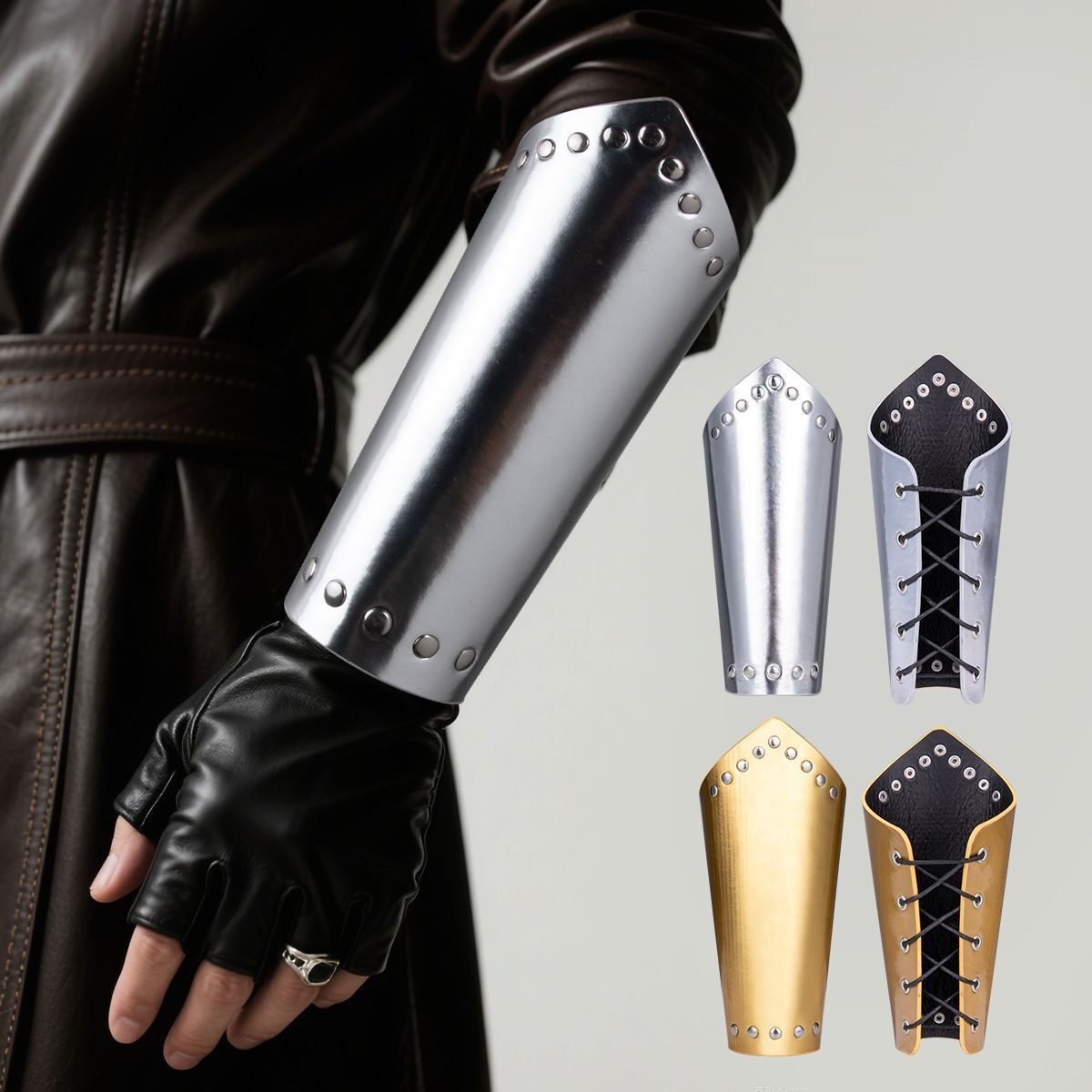 Wrist Guards, Hand Armor, Retro Gold and Silver Rivets, Wasteland Style Gothic Mecha Punk Cosplay Props, Arm Guards