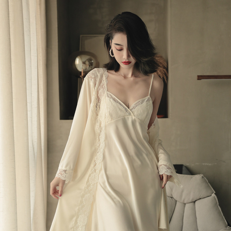 Real Silk Sleeping Girl 2022 New spring Summer thin Sleeping Dress Sexy Lace lace with chest cushion Ice Silk Home Clothes Girl