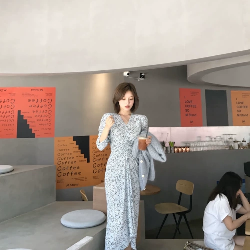 Madofit Madou/Barcelona Holiday осень V -neck цветочное платье женская талия -тонкая и тонкая темперамент