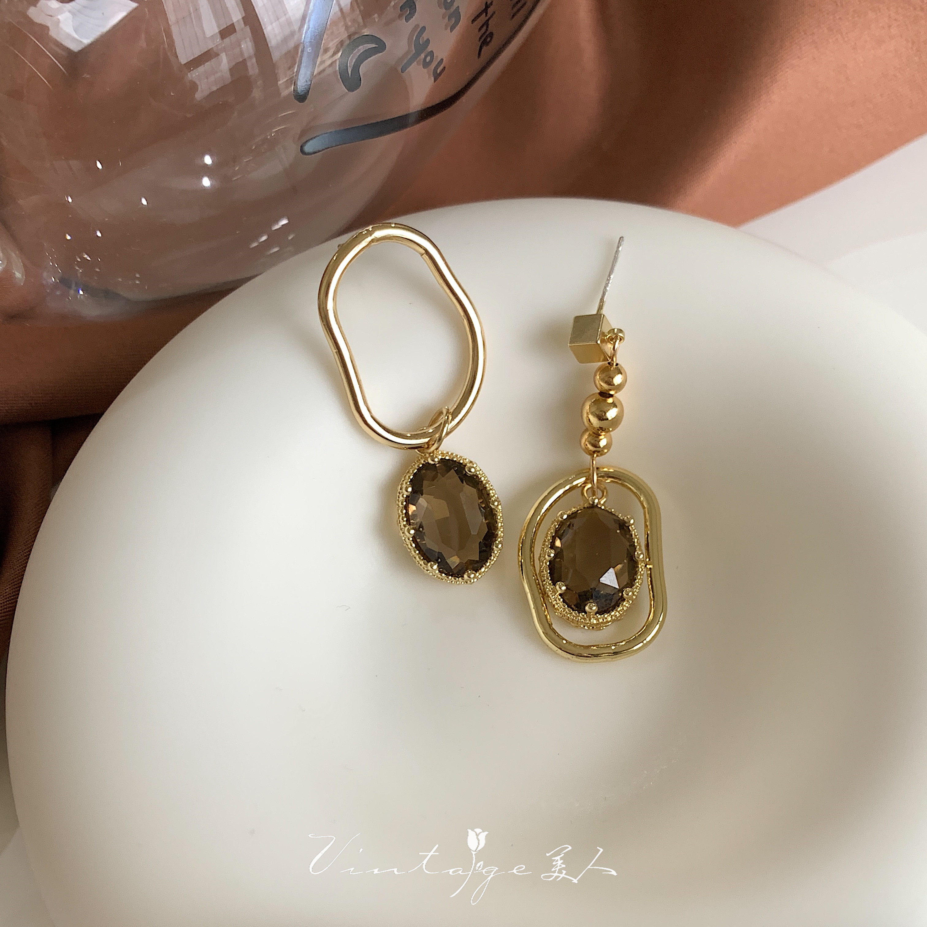 「曼哈顿老店」法式vintage小众设计复古不对称茶色水晶耳环/耳夹详情9