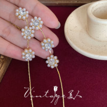 Daytime Starlight fashionable niche French Super Flash advanced rhinestone Pearl long and shoulder earrings ear clip