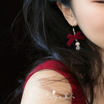 Moulin Rouge retro court Lolita girl wine red velvet bow pearl earrings ear clip
