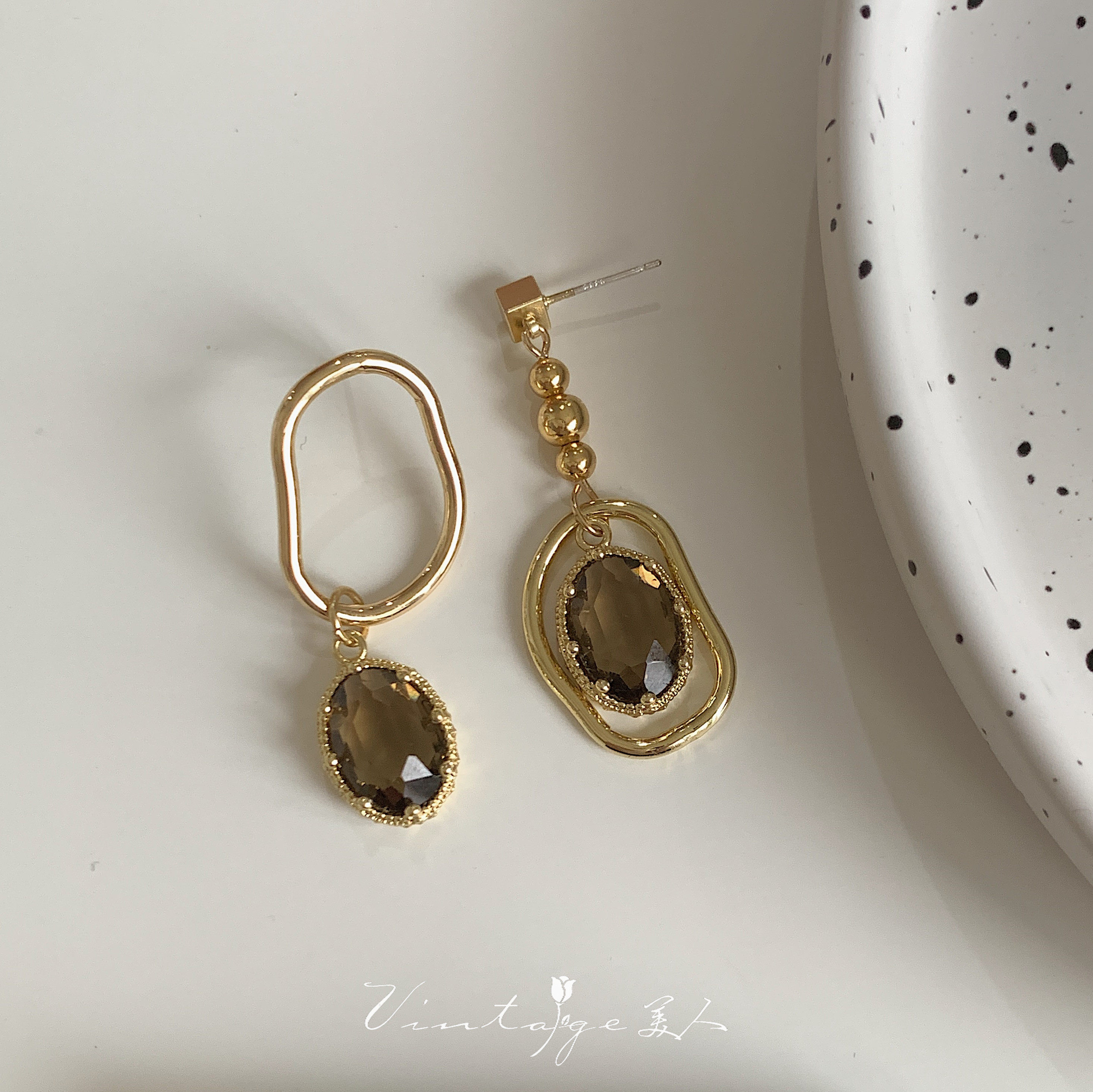 「曼哈顿老店」法式vintage小众设计复古不对称茶色水晶耳环/耳夹详情17