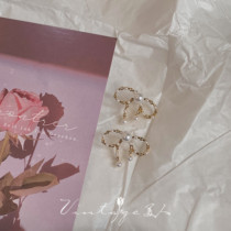 Sweet girl ins Wind girl gentle sweet temperament exquisite bow Pearl Rhinestone earrings earrings