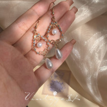 Medieval Girl retro court style vintage elegant diamond long water drop pearl earrings ear clip