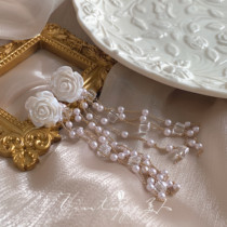 Autumn Wild Rose Garden vintage French retro harbor style elegant exquisite white rose Pearl tassel earrings