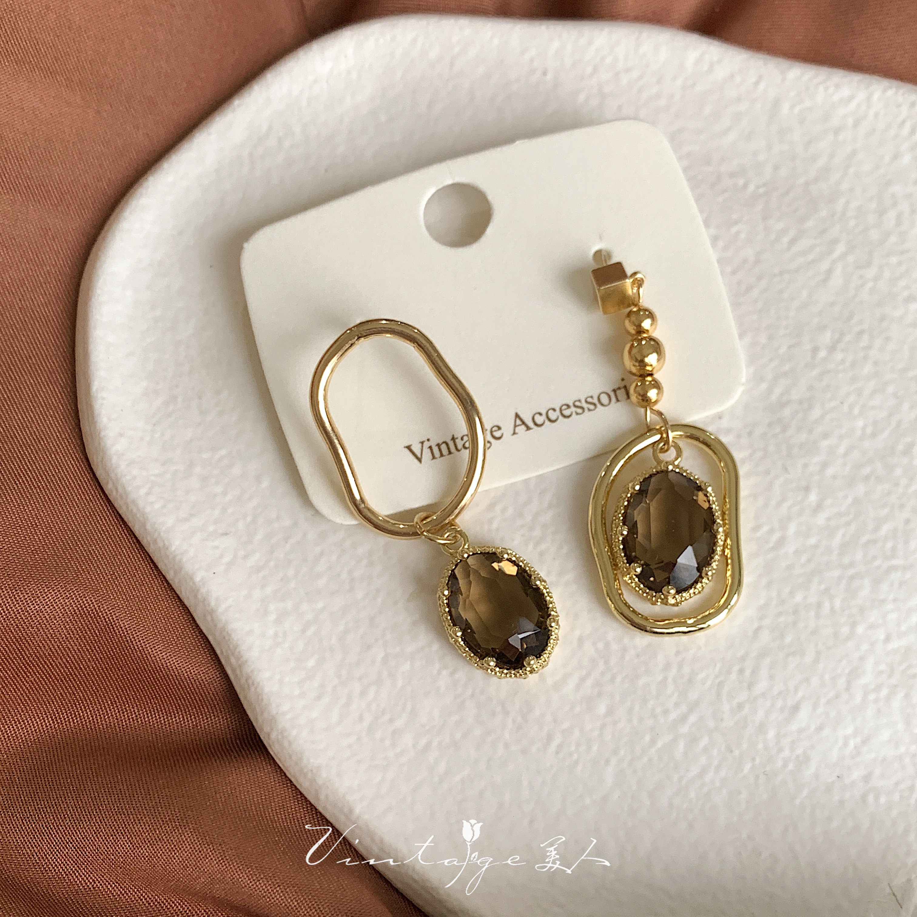 「曼哈顿老店」法式vintage小众设计复古不对称茶色水晶耳环/耳夹详情12