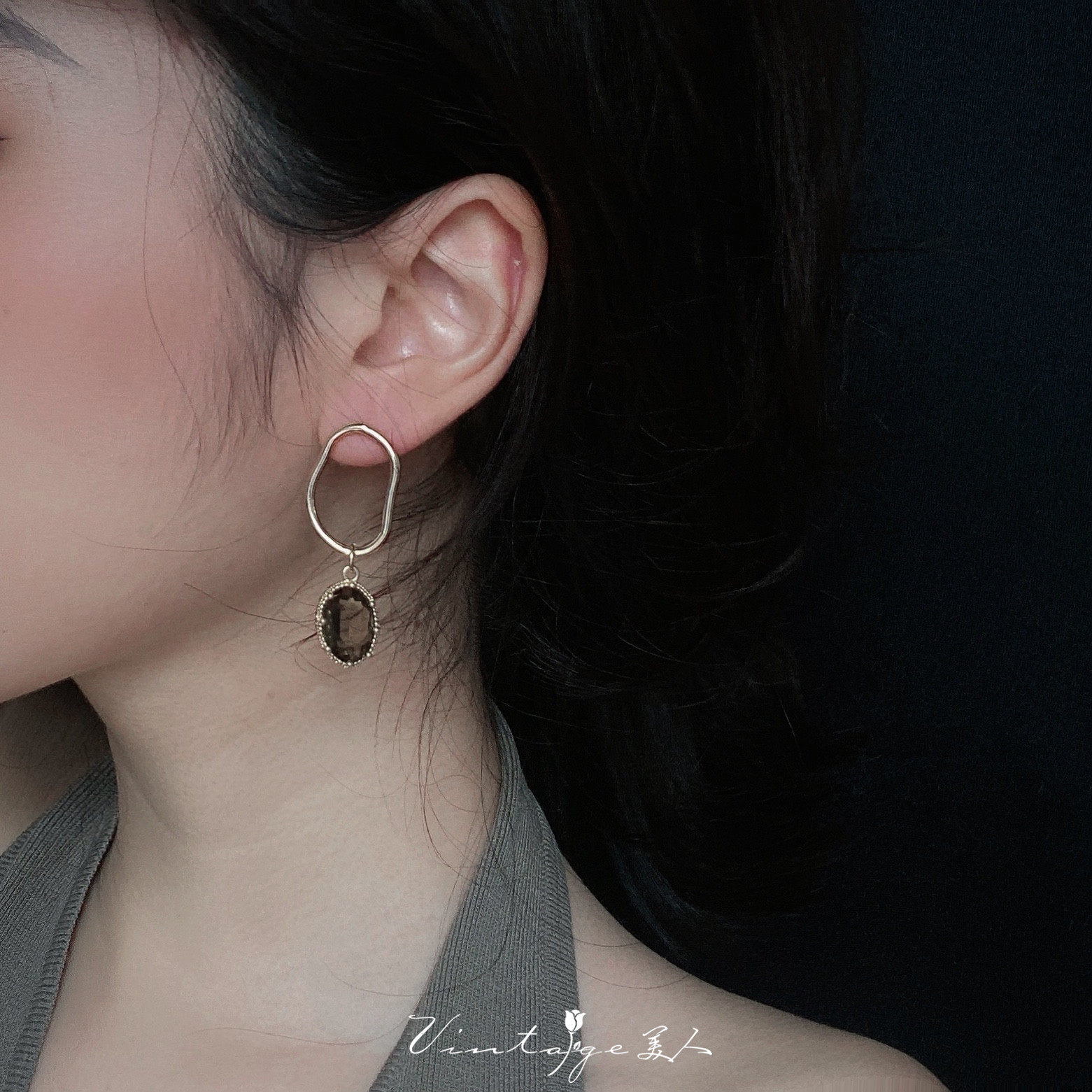 「曼哈顿老店」法式vintage小众设计复古不对称茶色水晶耳环/耳夹详情3