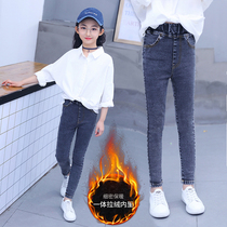 Girl jeans one velvet thickened autumn and winter clothes childrens female baby baby three 4 5 7 6 8 10-year-old girl high bomb 9