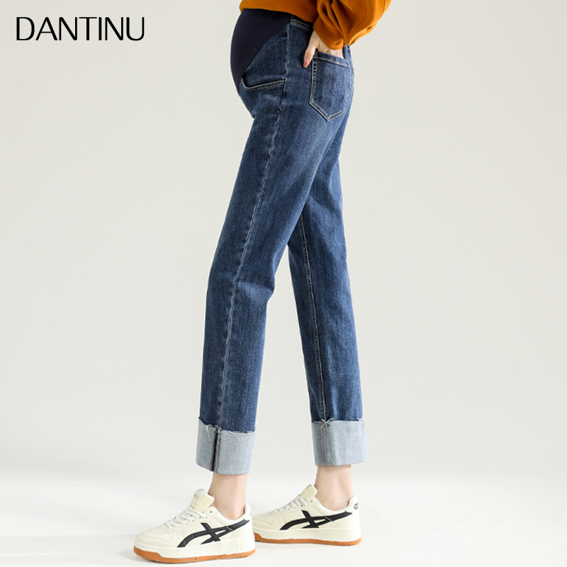 Maternity Jeans for Spring and Autumn, Fashionable Outerwear, Cuffed Straight-Leg Pants, Loose Fit for Petite Women, Cropped Length, Plus-Size Wide-Leg Pants for Spring