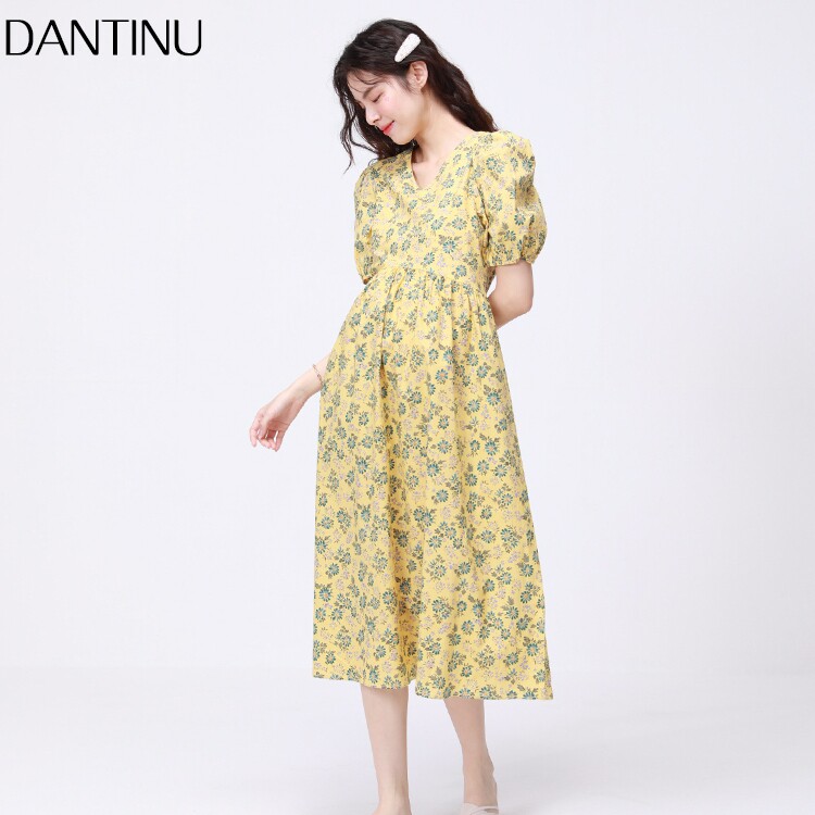 Maternity skirt V-neck floral long skirt 2022 summer large size fashion a-line chiffon dress over the knee summer summer dress