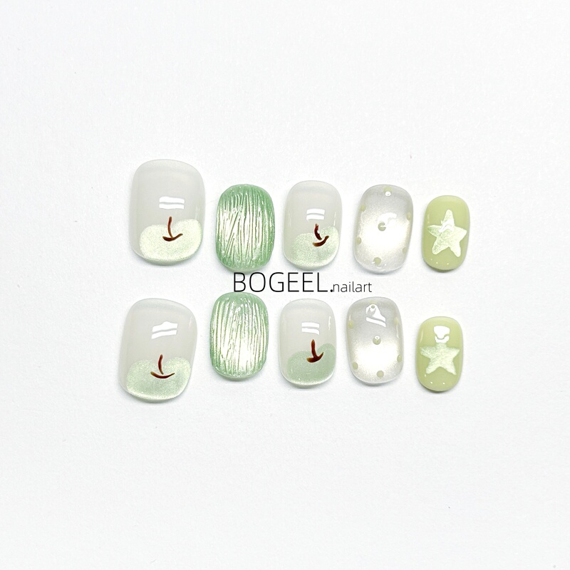 Bogeel Hand-Painted Short Nails 2026 New Summer Style Pure Handmade Wearable Nail Stickers Green Apple Polka Dots Cute