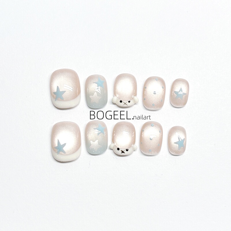 Bogeel Cartoon Star Wearable Nails Nude Color Cat Eye Ultra-Short Star Polka Dot 2026 New French Style Fake Nails