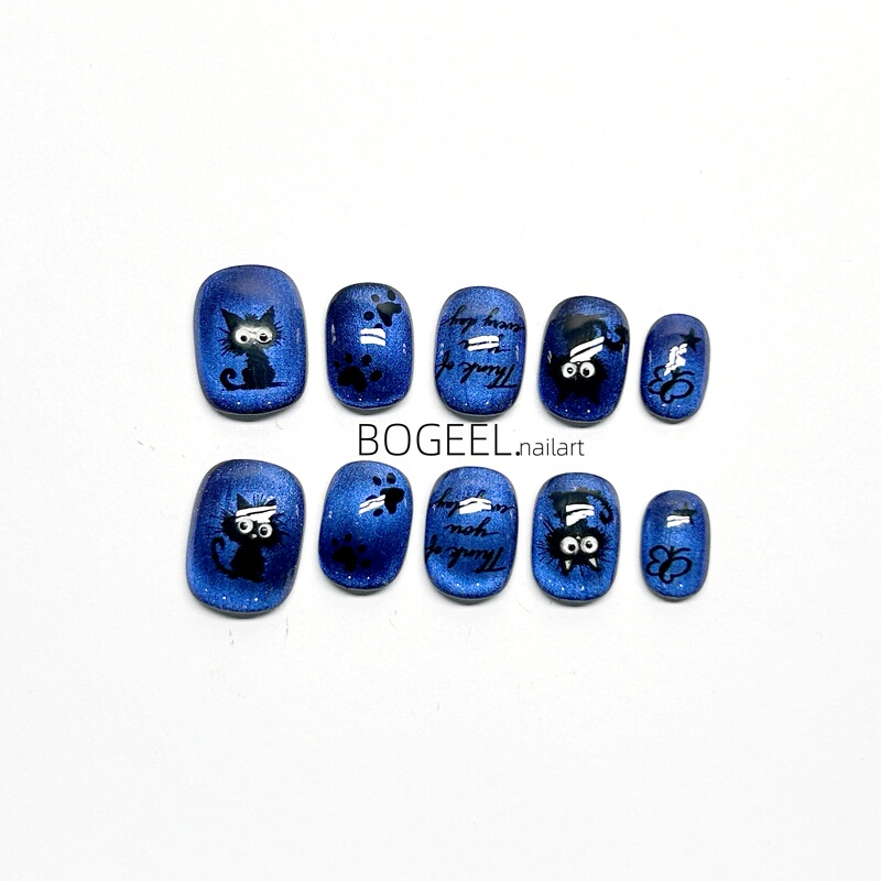 Bogeel Handmade Cartoon Cat Dark Blue Cat-Eye Cute Short Nail Stickers Personalized Fake Nail Pieces
