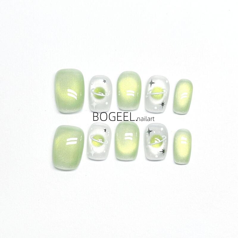 Bogeel Handmade Wearable Nails Green Cat Eye Hand-Painted Planet 2026 New Spring and Summer Niche Nail Art Short Style Personalized Bogeel Handmade Wearable Nails Green Cat Eye Hand-Painted Planet 2026 New Spring and Summer Niche Nail Art Short Style Personalized