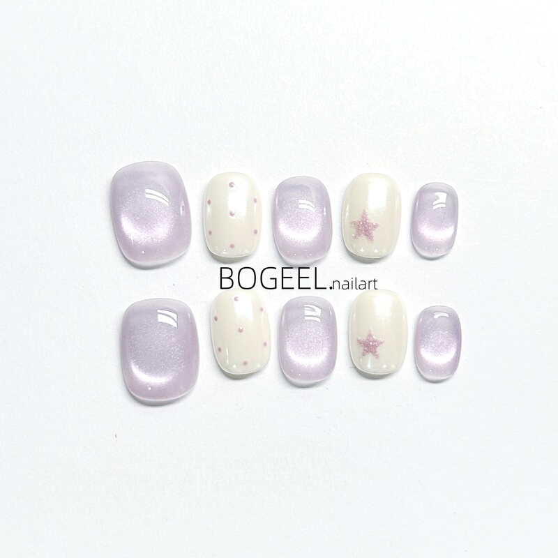 Bogeel White and Purple Wearable Nails, Elegant Nail Art, Starry Gentle Style, Simple and High-End Feel, 2026 New Short Nail Stickers