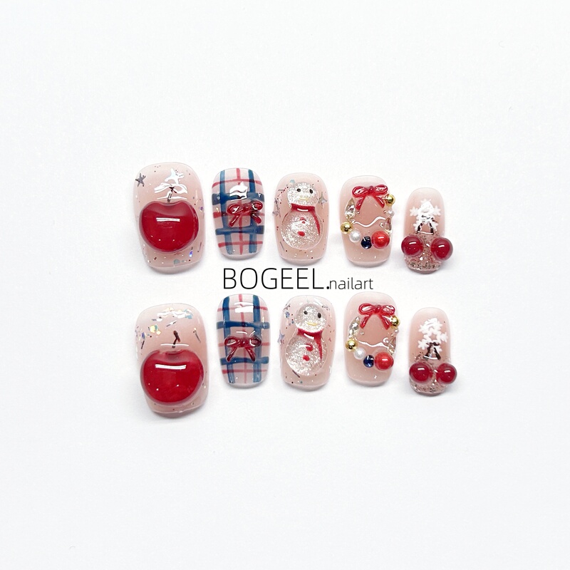 Bogeel Handmade Wearable Nails Christmas Theme Red Cherry Snowman Short Cute Niche Nail Stickers Winter Style