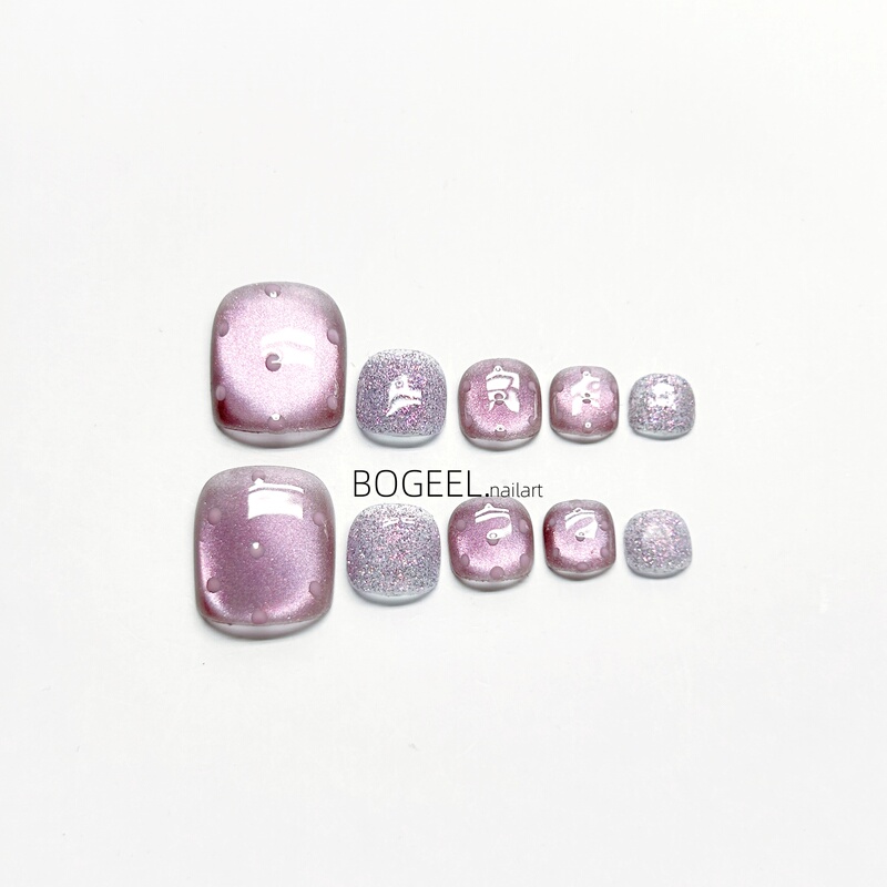 Bogeel Pure Handmade Toenail Tips 202 New Summer Nail Art Purple Polka Dot Cat Eye Toenail Stickers
