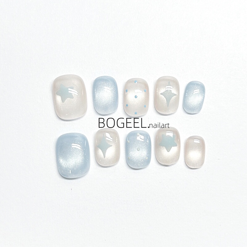Bogeel Pure Handmade Short Nail Art Blue Pink Star Cat Eye Summer Fake Nail Stickers Ice Transparent High-End