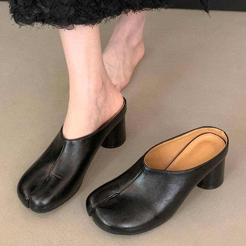 Sheepskin Version! French-Style Chunky Heel Split-Toe Mules for Women, 2026 New Model, Black High-Heeled Mule Sandals