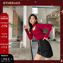 OtherMix hollow hanging neck bow knit sweater women 2021 Winter new wine red sweater base shirt