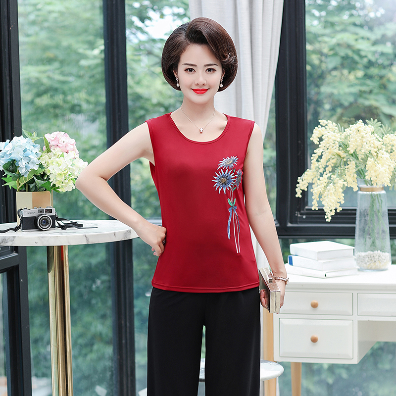 Mẹ sling vest mùa xuân và mùa hè nữ mặc in loose-fitting lớn mã sandshirt cấp cao tay đáy đầu mặc.