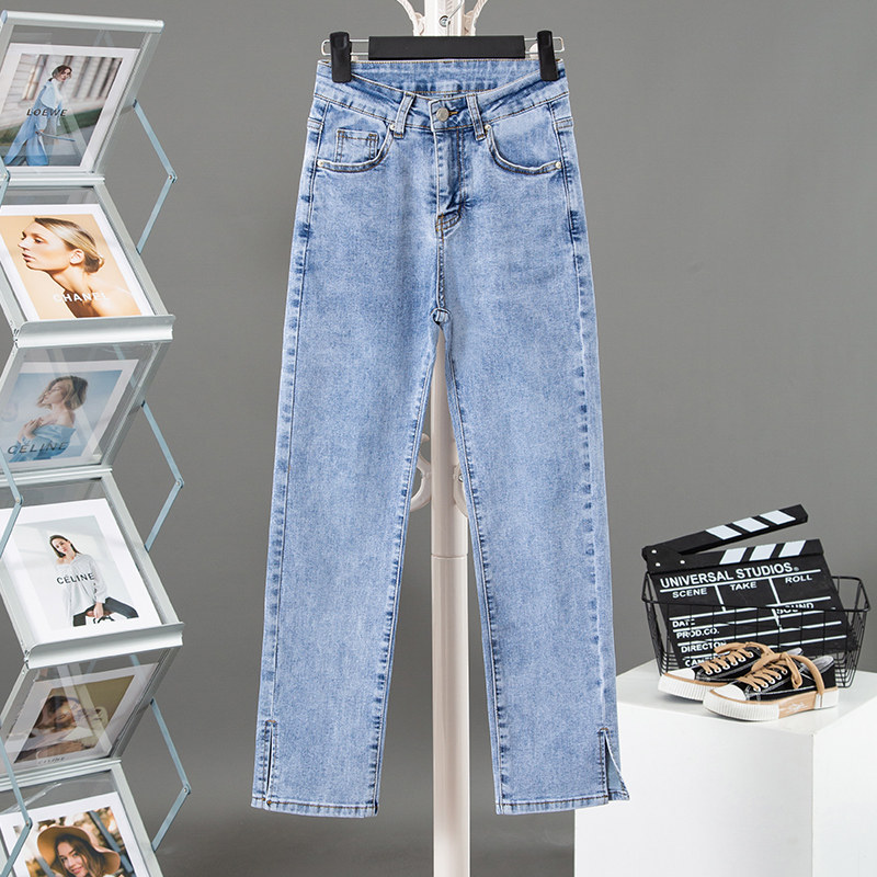 Straight Drum Jeans Woman 90% 2022 Spring new high waist loose with slim and thin section open fork 80% smoke pipe pants