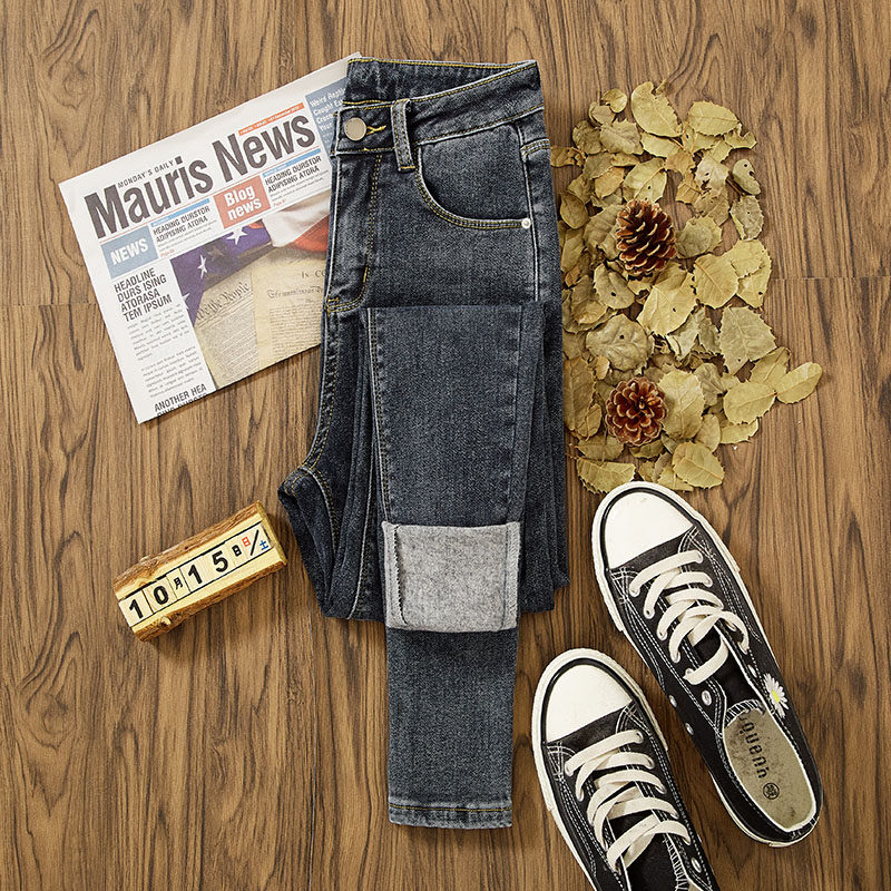 Winter Jeans Woman High Waist Tight Fit Pants 2021 New Blue Grey Plus Thick Slim Fit Slim Smoke Pipe Pants