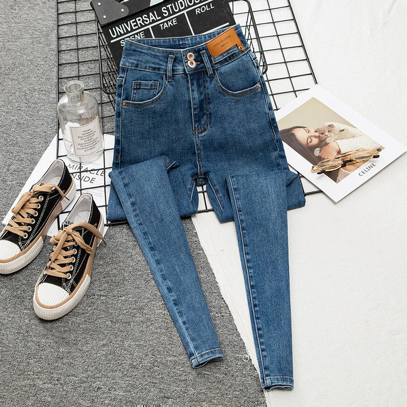 Jeans women's spring 2022 all-match new retro blue elastic high waist belly slim slim fit trousers