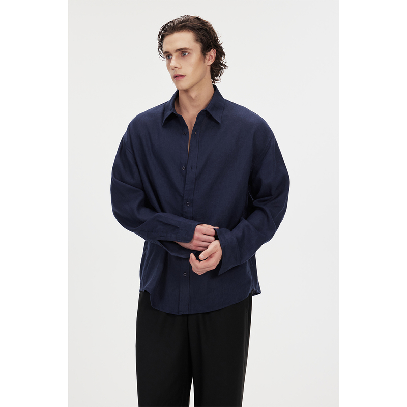 Core Form Pure Linen Navy Blue Dark Textured Casual Loose Shirt