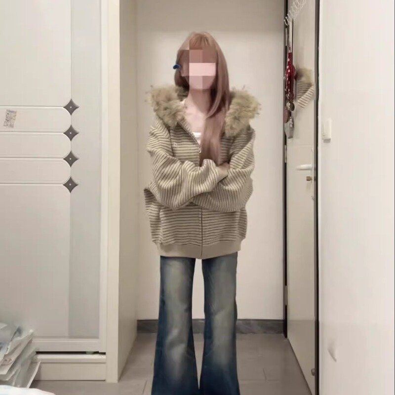 American Retro Stripesd Hooded Sweatshirt Jacket for Women in Autumn and Winter, Loose Fur Collar Knitted Outer Top, Zipper Cardigan
