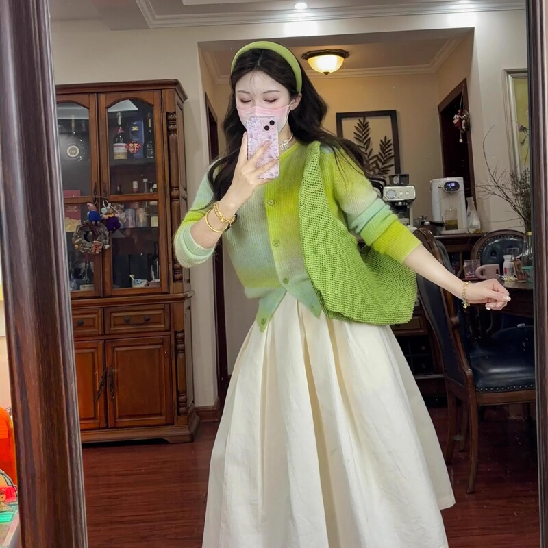 Early Spring Korean-Style Gradient Green Mohair Knit Cardigan Top with a Unique and Stylish Sweater Jacket