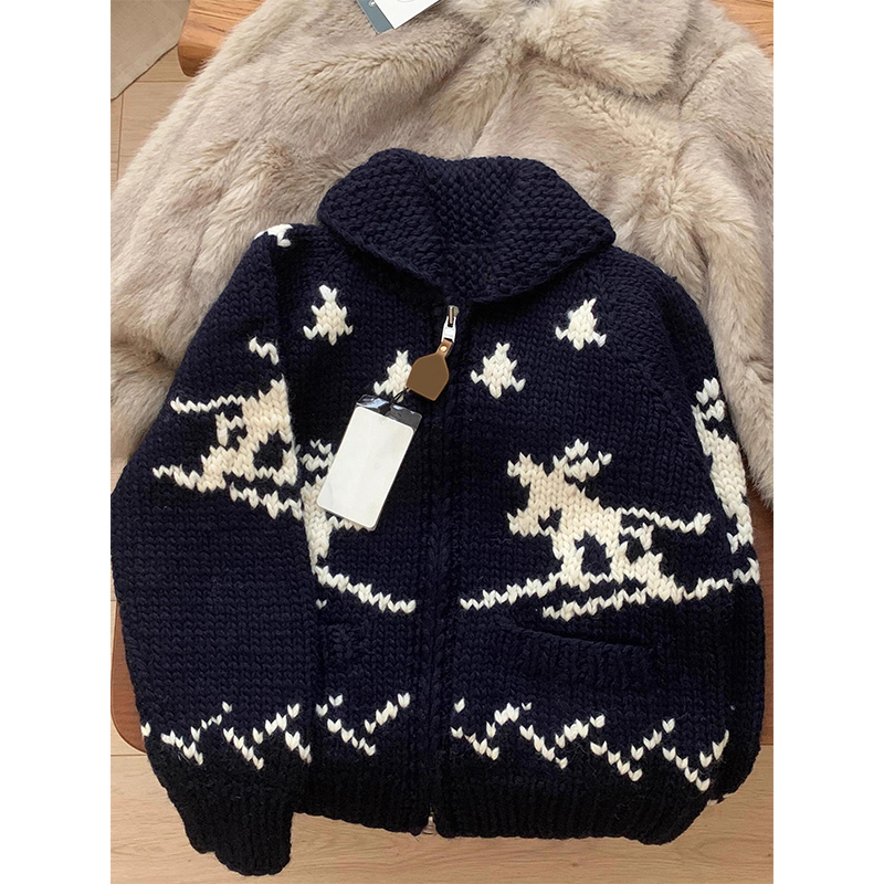 Navy Blue Knitted Cardigan for Women 2026 New Style Inner Layer Jacket Winter Atmosphere Ski Jacquard Lapel Sweater Trendy Navy Blue Knitted Cardigan for Women 2026 New Style Inner Layer Jacket Winter Atmosphere Ski Jacquard Lapel Sweater Trendy