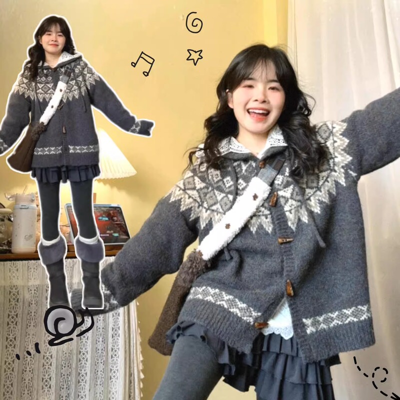 American Retro Vintage Fair Isle Gray Hooded Knitted Cardigan Sweater for Women in Autumn and Winter Loose and Lazy Jacket Top American Retro Vintage Fair Isle Gray Hooded Knitted Cardigan Sweater for Women in Autumn and Winter Loose and Lazy Jacket Top